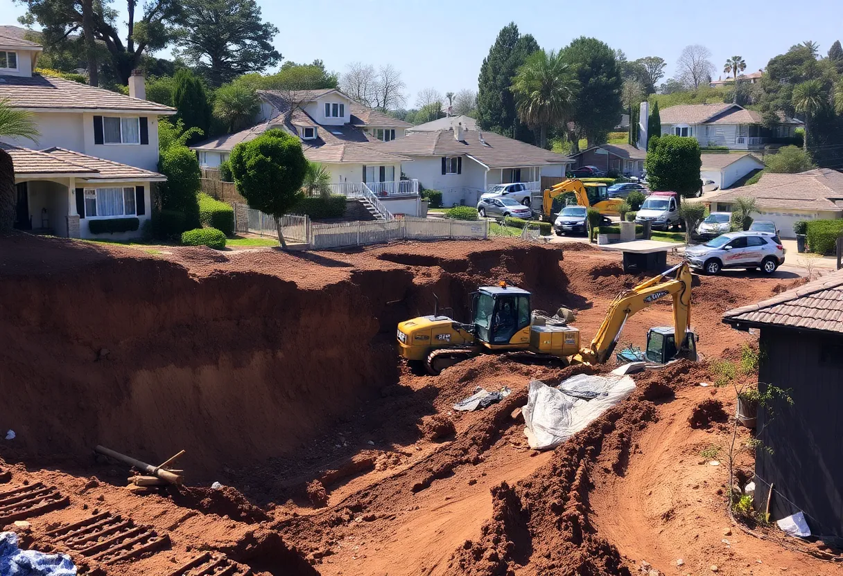 Heavy machinery working on a landslide-affected area in Newport Beach