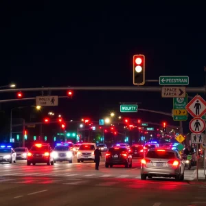 Traffic scene in Newport Beach with police and warning signs.