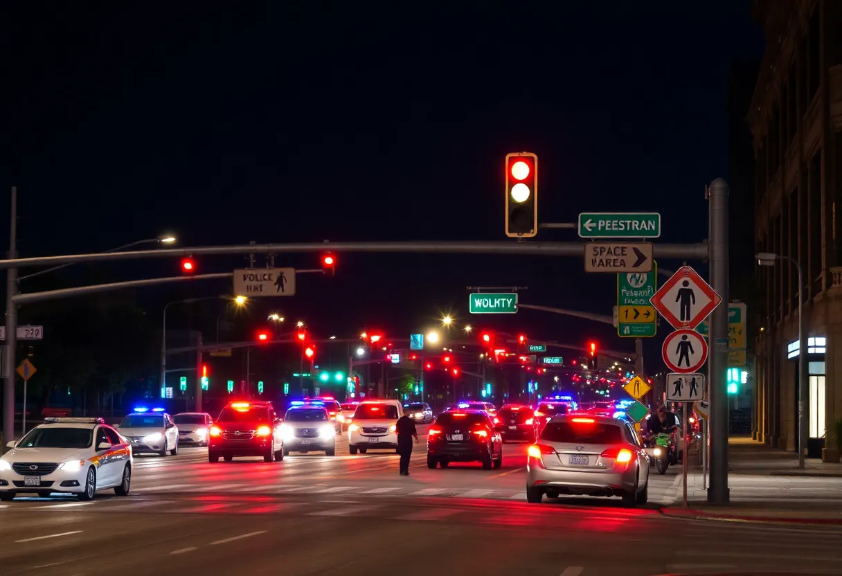 Traffic scene in Newport Beach with police and warning signs.