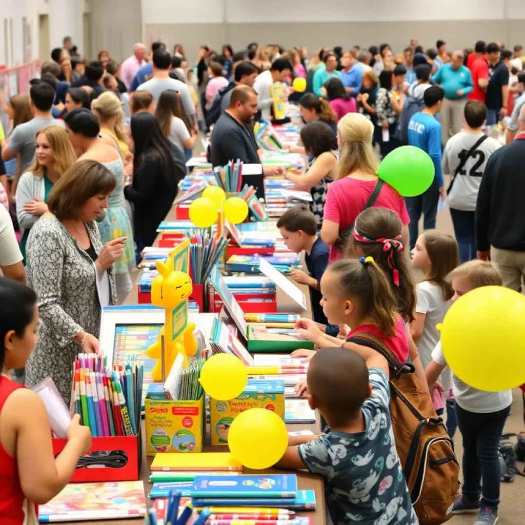 Families participating at the Newport-Mesa Back-to-School Expo with various supplies and activities.