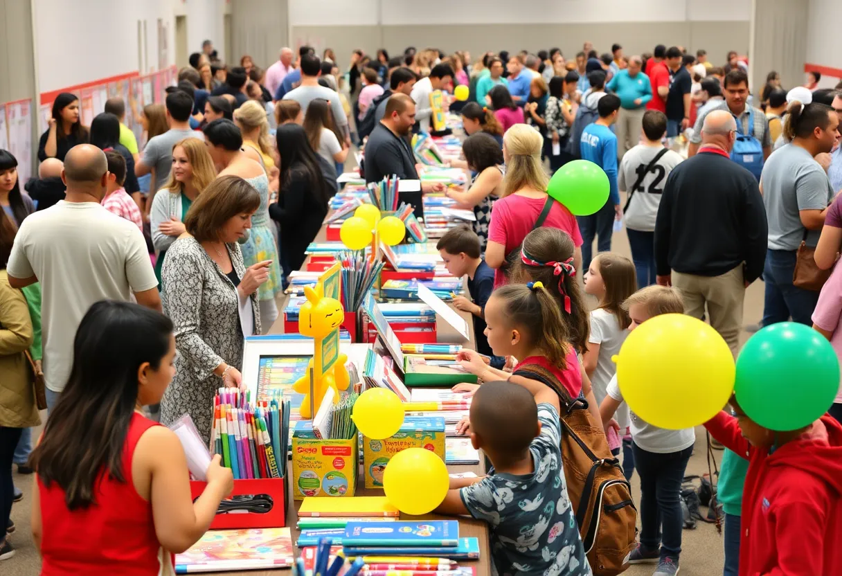 Families participating at the Newport-Mesa Back-to-School Expo with various supplies and activities.