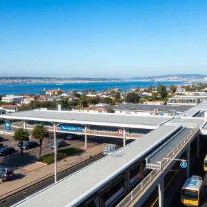 View of Newport Beach City highlighting transportation center and urban developments.