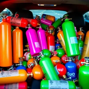 Colorful nitrous oxide canisters inside a Maserati