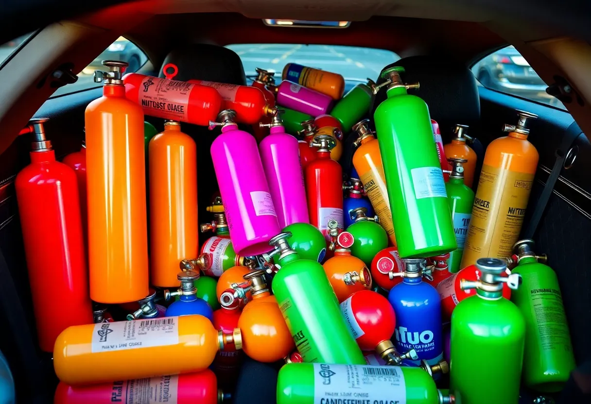 Colorful nitrous oxide canisters inside a Maserati
