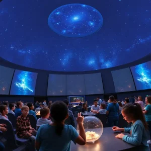 Interior of the Orange Coast College Planetarium with families enjoying the show