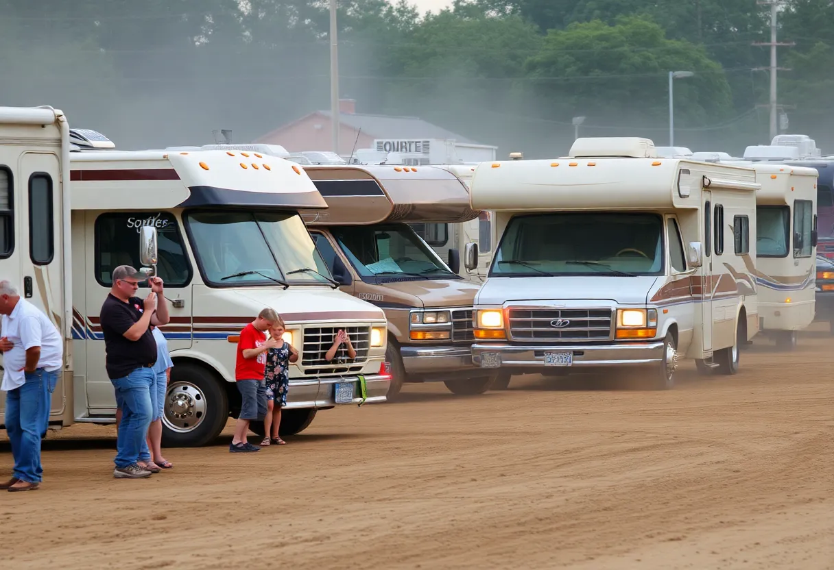 Motorhomes crashing in a demolition derby for charity in Orange County.