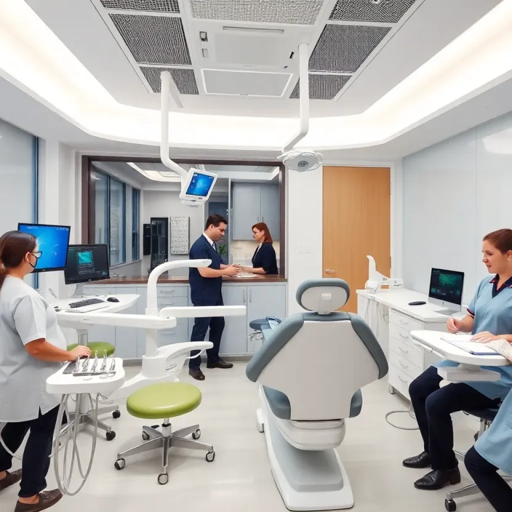 Interior of a modern dental clinic showing staff and technology
