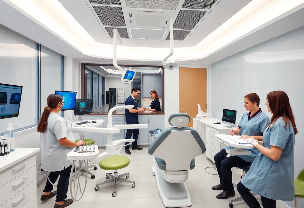 Interior of a modern dental clinic showing staff and technology