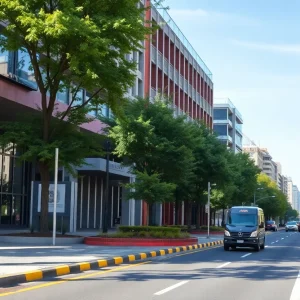 Urban street with road enhancements and community facilities