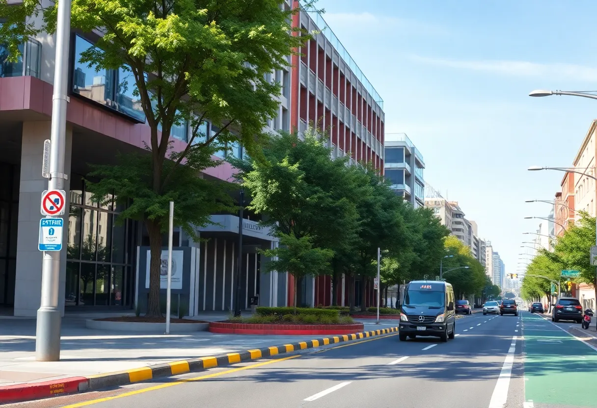 Urban street with road enhancements and community facilities