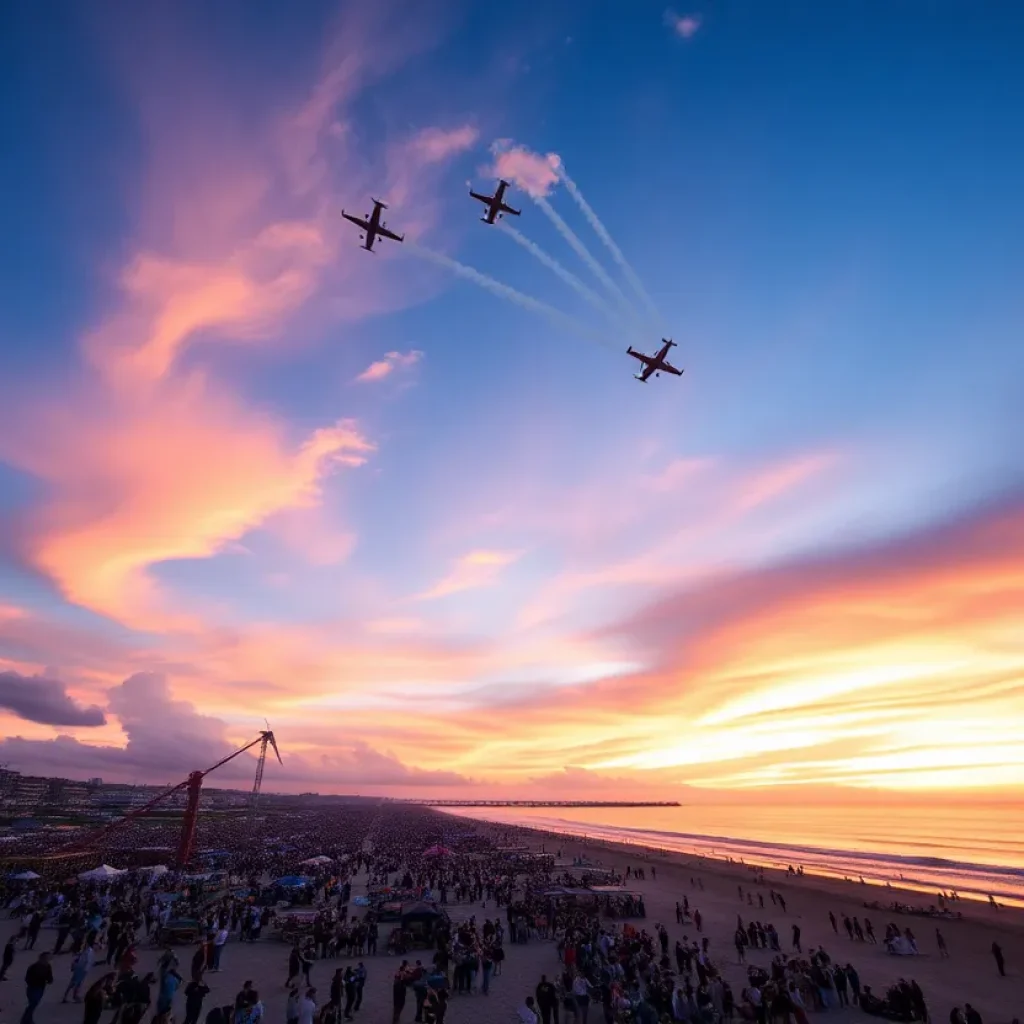 Aerial view of Pacific Airshow with planes and beach crowd