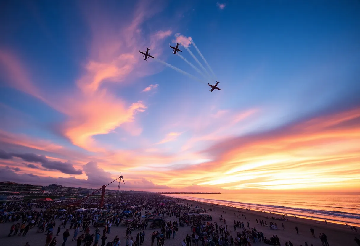 Aerial view of Pacific Airshow with planes and beach crowd