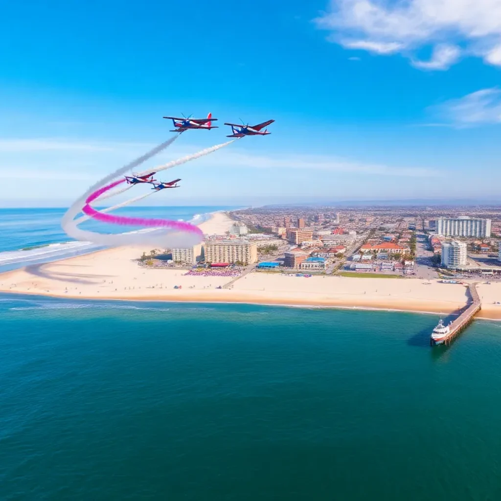 Planes performing in the Pacific Airshow over Huntington Beach.