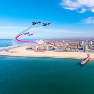 Planes performing in the Pacific Airshow over Huntington Beach.