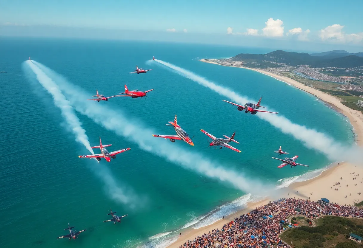 Aerial view of the Pacific Airshow in Huntington Beach with planes in flight over the beach.