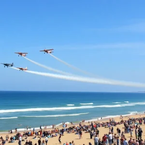 Aerial view of Pacific Airshow with colorful planes over Huntington Beach.
