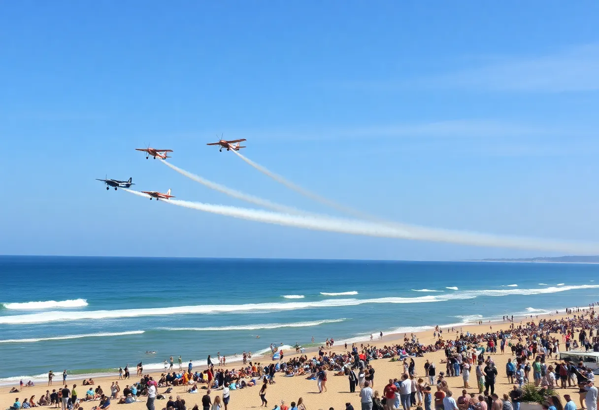 Aerial view of Pacific Airshow with colorful planes over Huntington Beach.
