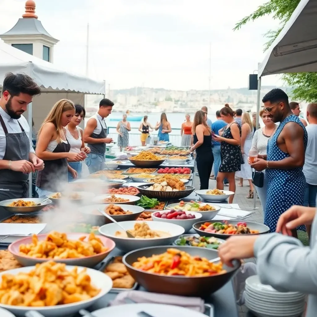 Attendees enjoying food and drinks at the Pacific Wine & Food Classic Festival.