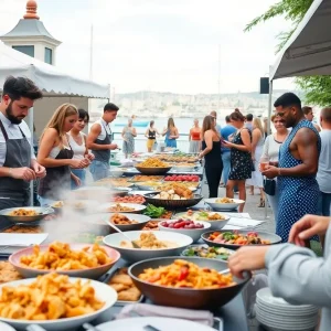Attendees enjoying food and drinks at the Pacific Wine & Food Classic Festival.