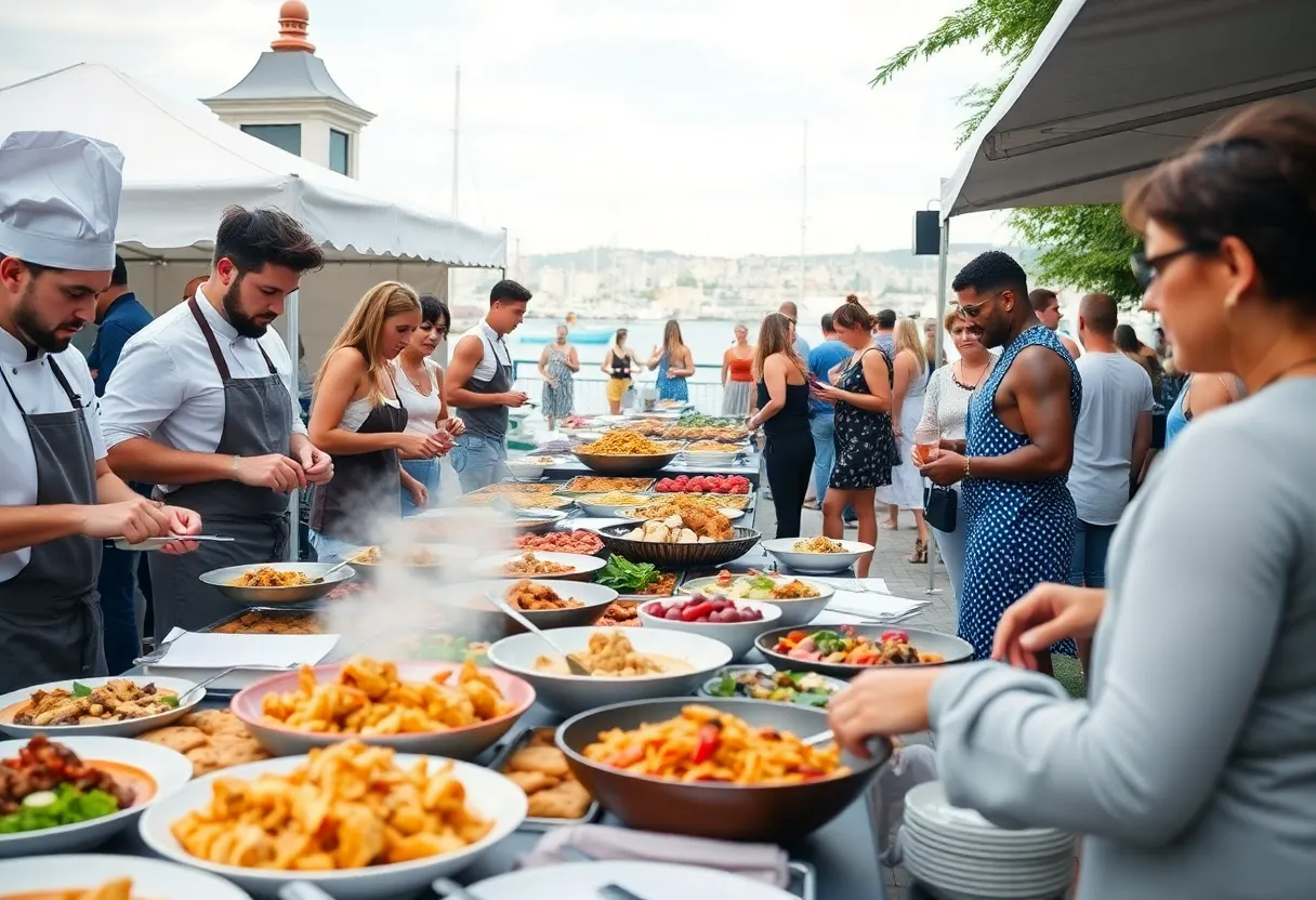 Attendees enjoying food and drinks at the Pacific Wine & Food Classic Festival.