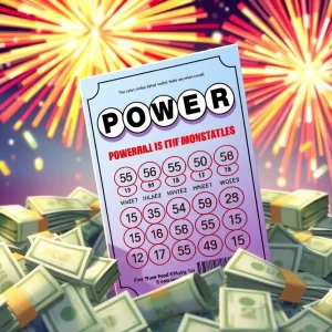 Illustration of a Powerball lottery ticket with cash and fireworks