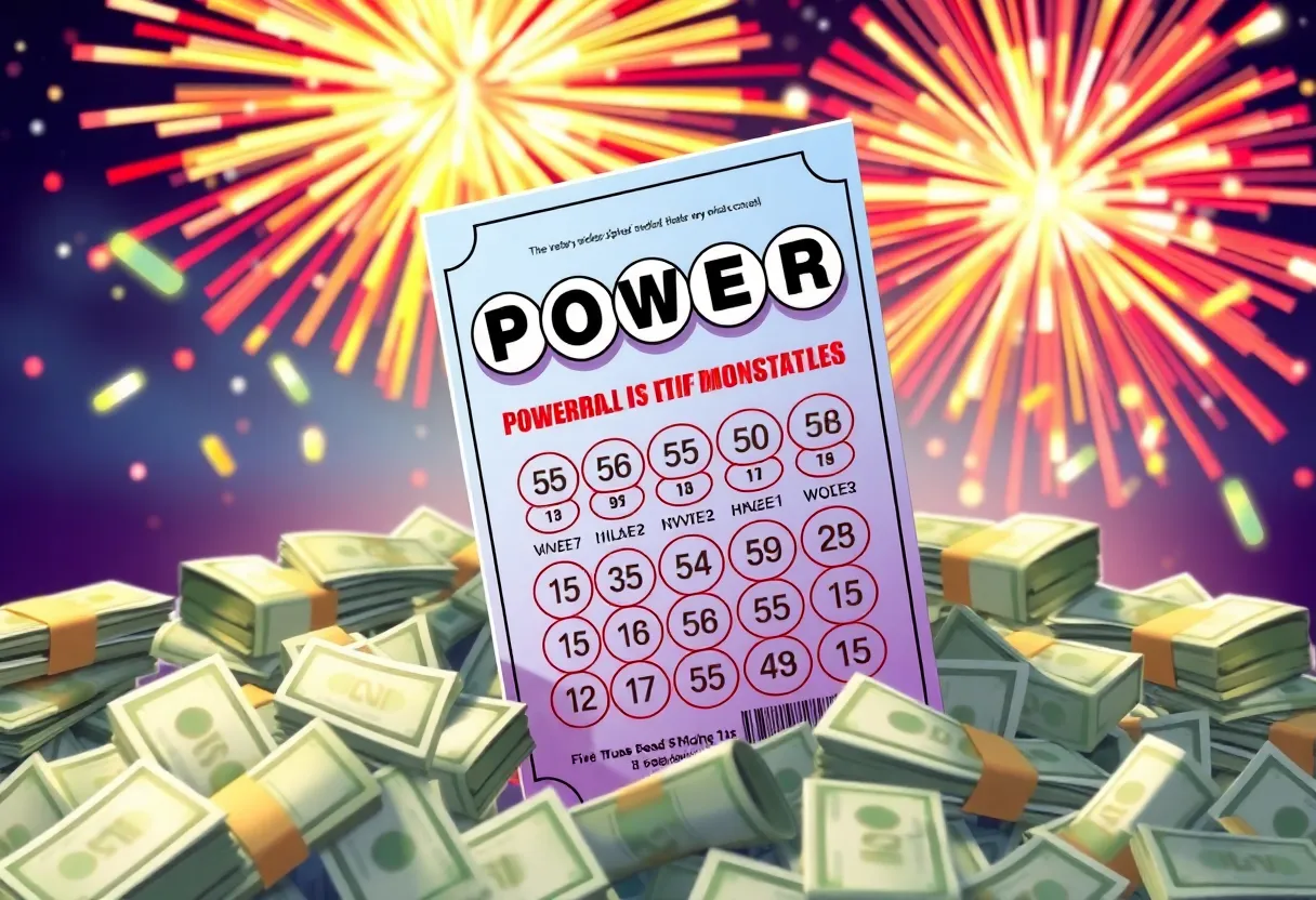 Illustration of a Powerball lottery ticket with cash and fireworks