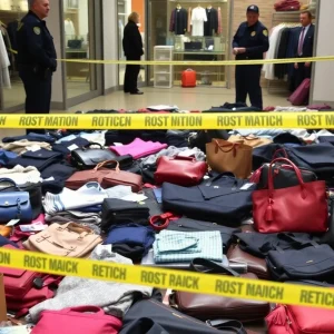 Police recovered stolen retail merchandise including clothing and handbags.