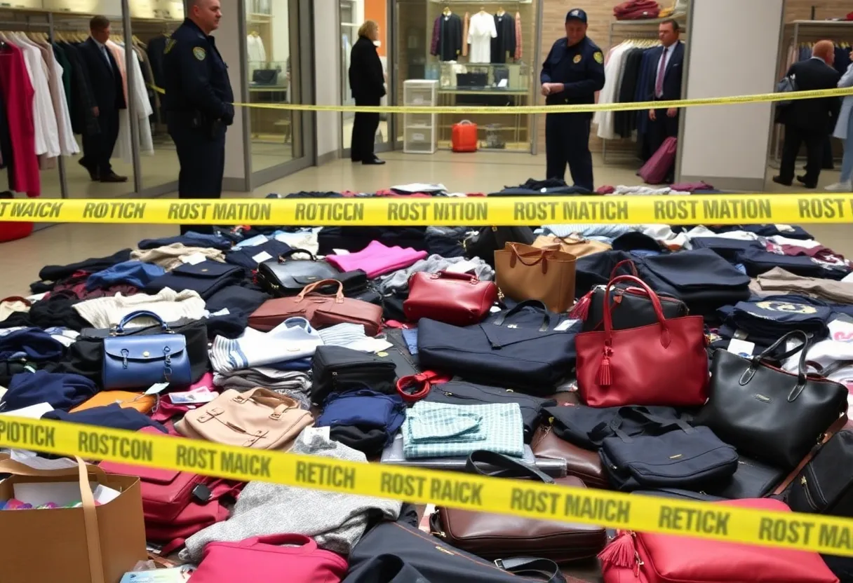 Police recovered stolen retail merchandise including clothing and handbags.