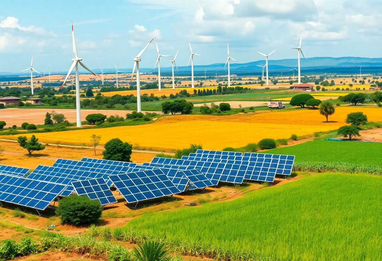 Renewable energy projects with wind turbines and solar panels in Kenya and Nigeria.
