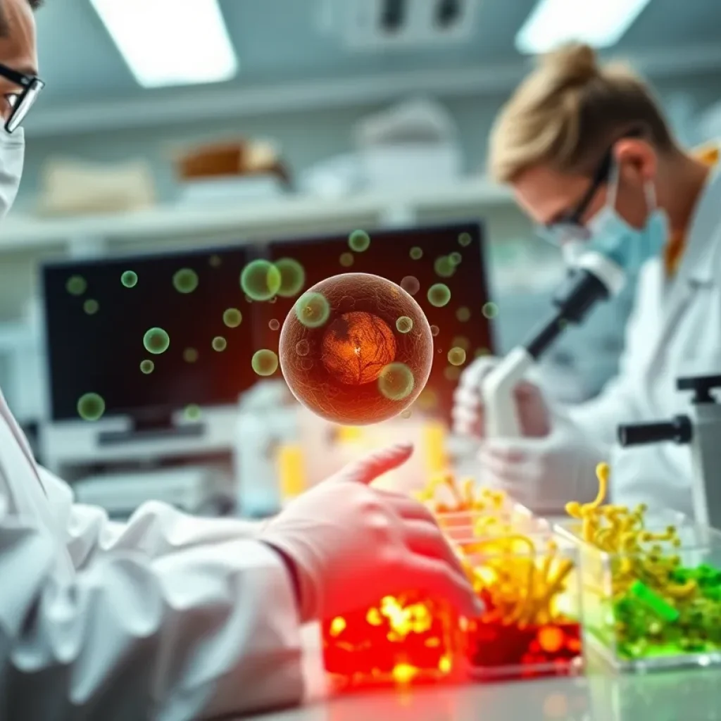 Researchers examining retinal progenitor cells in a laboratory.