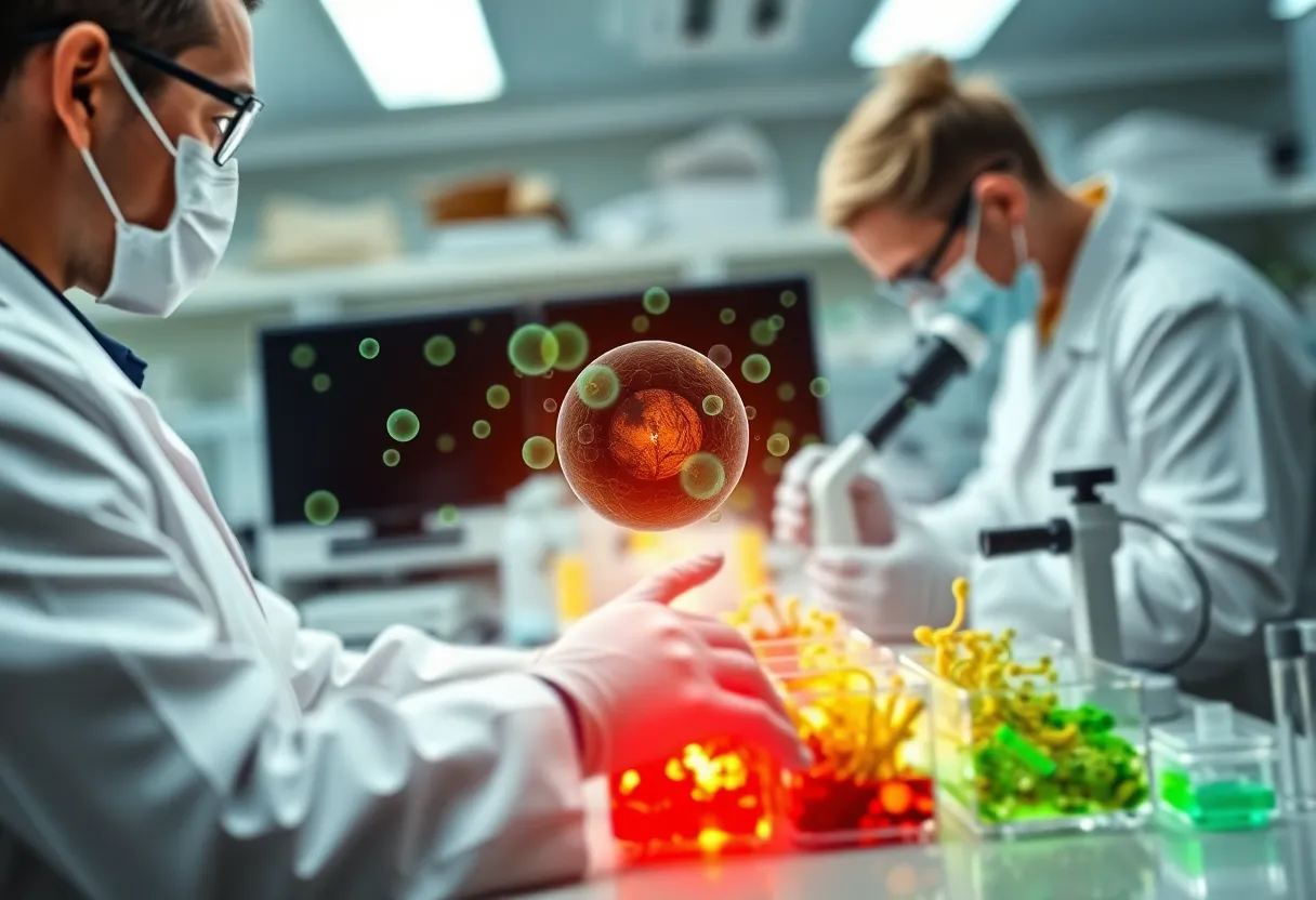 Researchers examining retinal progenitor cells in a laboratory.