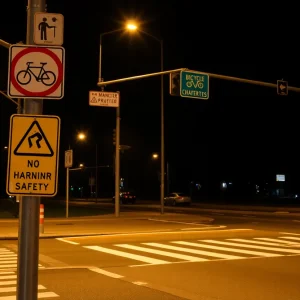 Intersection in Santa Ana with bicycle safety signs at night