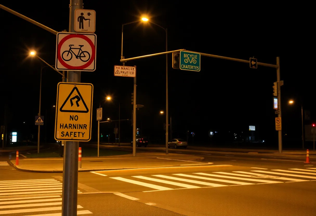 Intersection in Santa Ana with bicycle safety signs at night