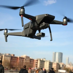 A police drone in the sky above Santa Ana cityscape with top view of a community protest.