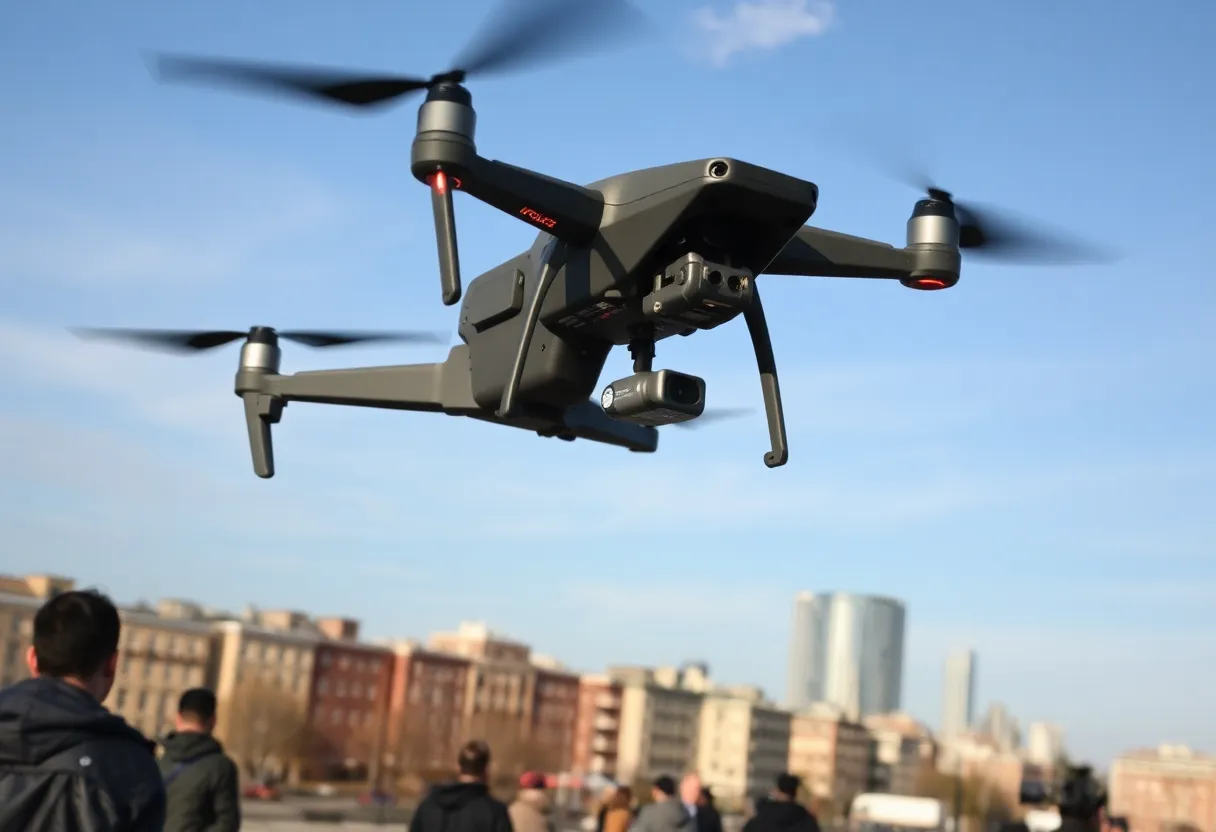 A police drone in the sky above Santa Ana cityscape with top view of a community protest.