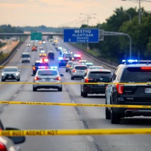 Police vehicles on the Santa Ana Freeway during an investigation