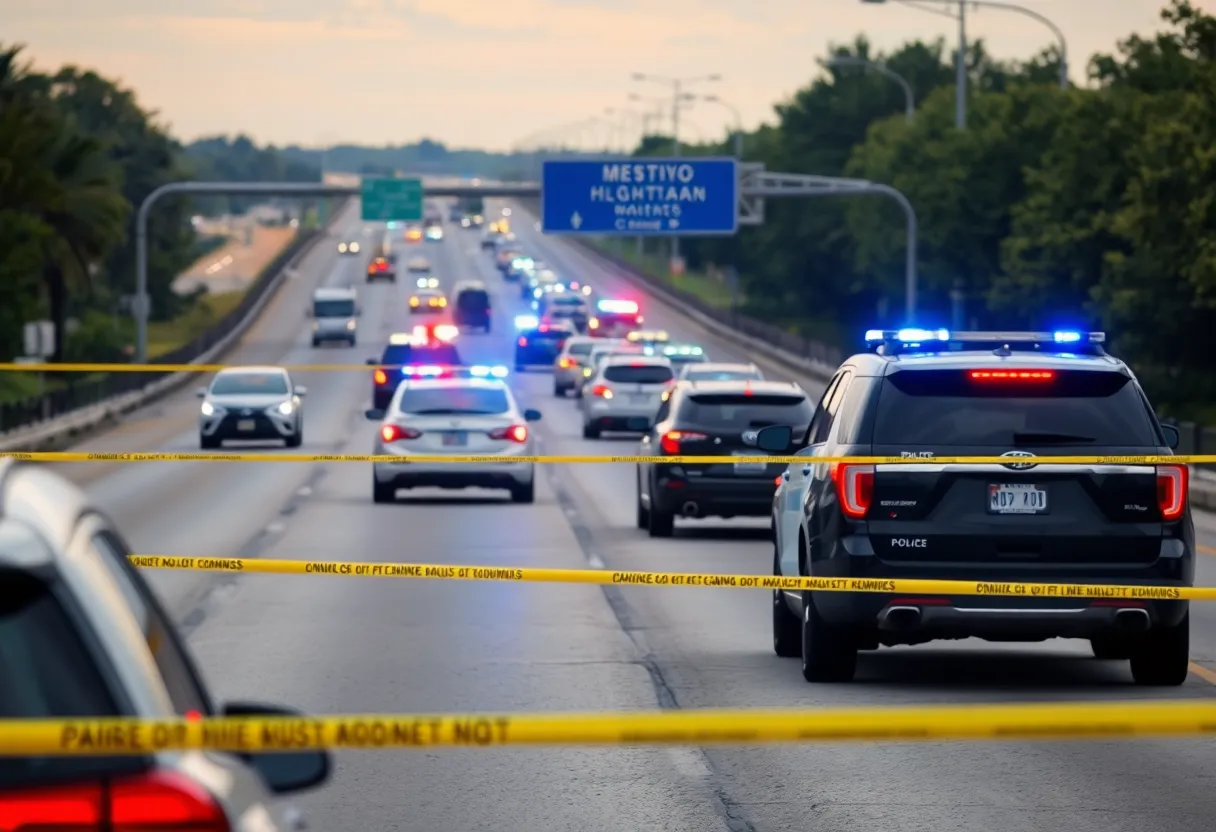 Police vehicles on the Santa Ana Freeway during an investigation