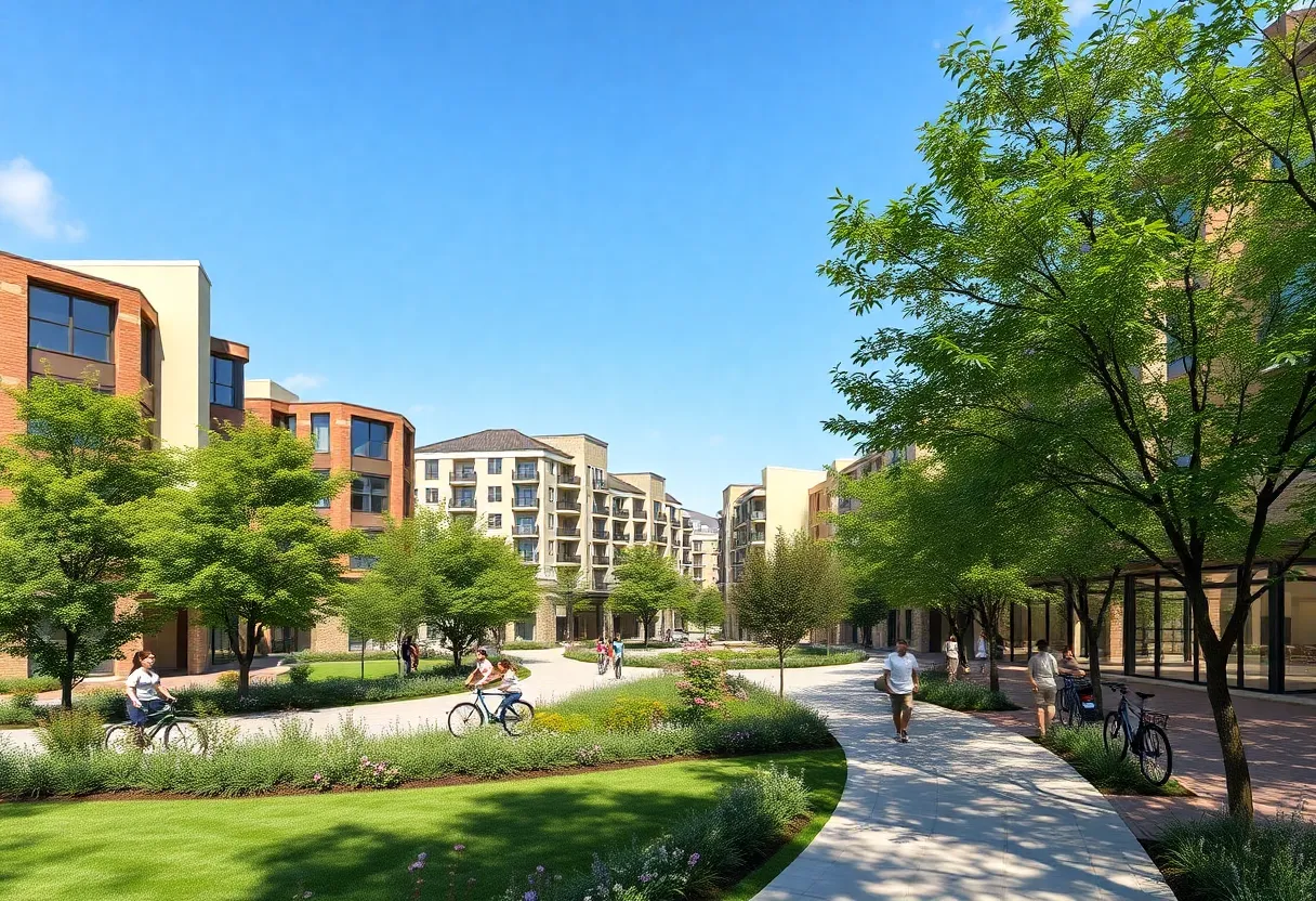 Artist's rendering of the Santa Ana urban village with mixed-use developments.