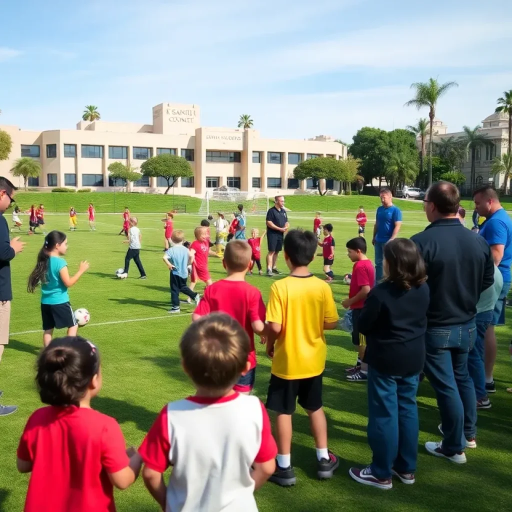 Children playing soccer on a public field in Santa Ana with parents discussing in the background.