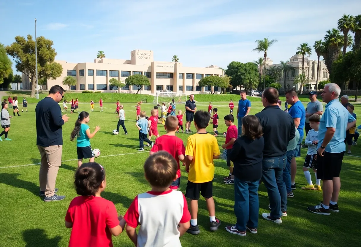 Children playing soccer on a public field in Santa Ana with parents discussing in the background.