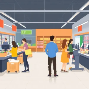 Self-checkout lanes in a grocery store with staff assistance.