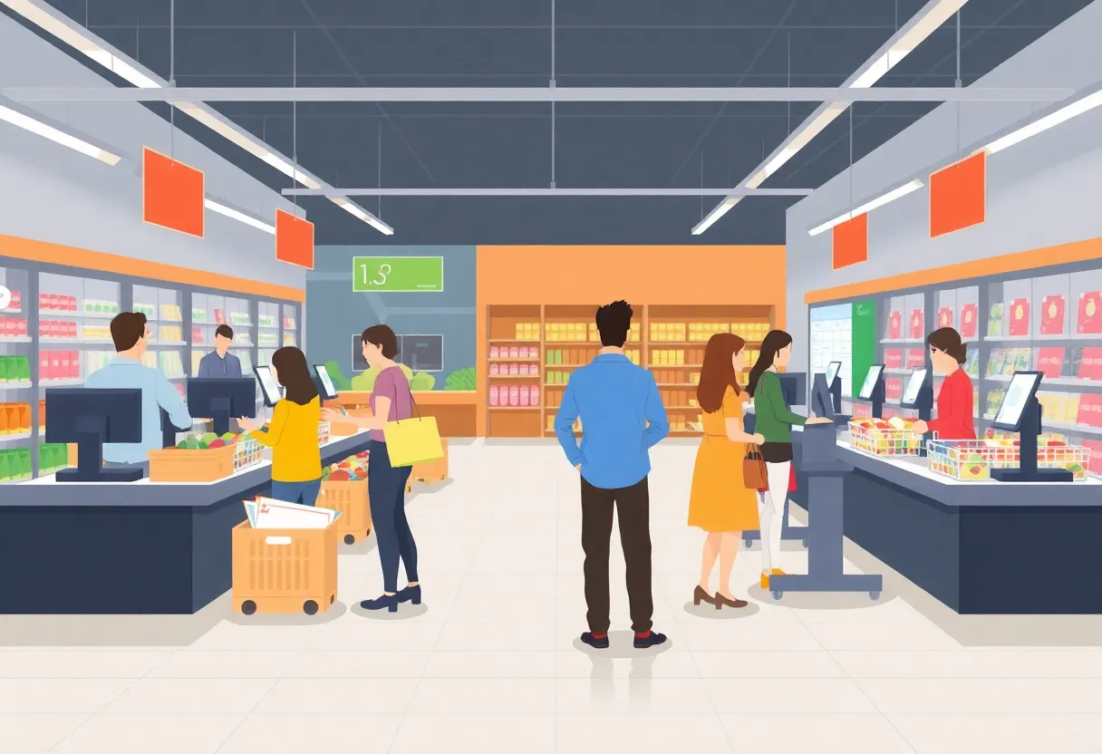 Self-checkout lanes in a grocery store with staff assistance.