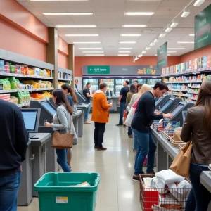 Self-checkout stations in a grocery store with shoppers