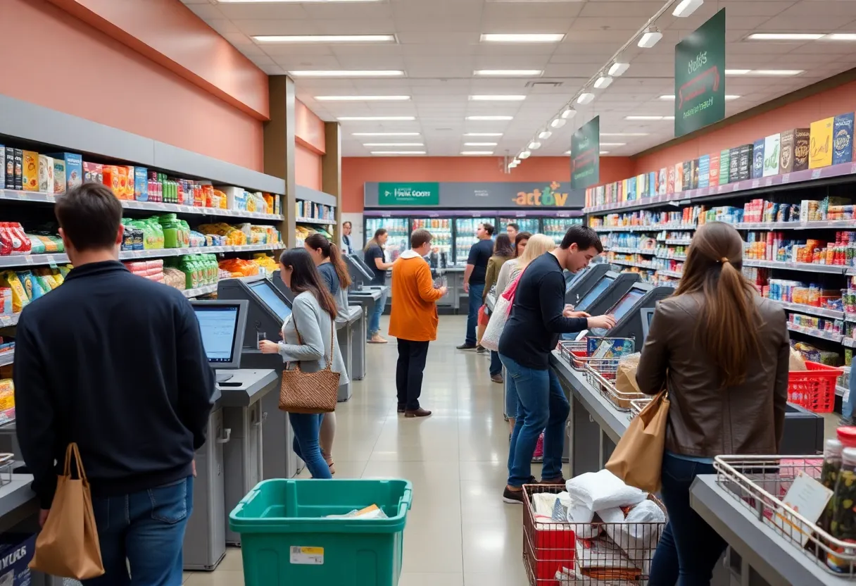 Self-checkout stations in a grocery store with shoppers
