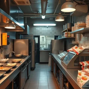 Interior of a modern ghost kitchen designed for food delivery services.