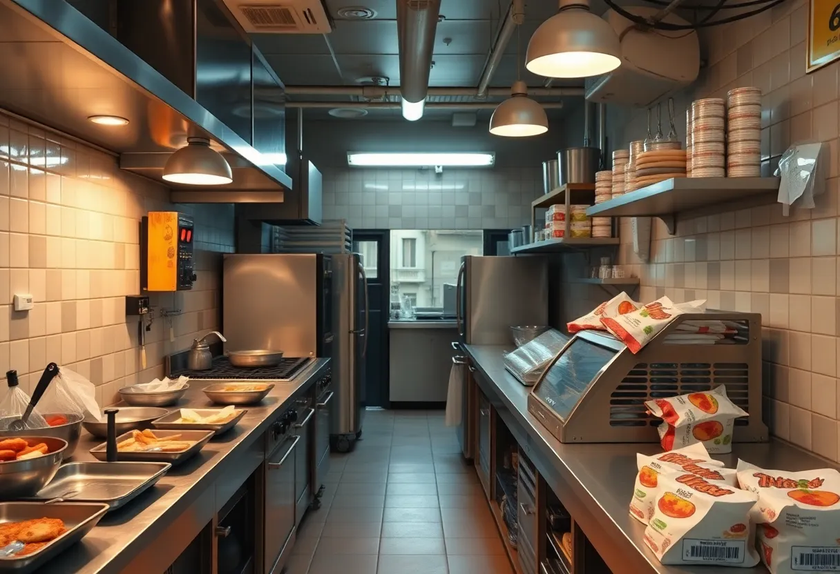 Interior of a modern ghost kitchen designed for food delivery services.