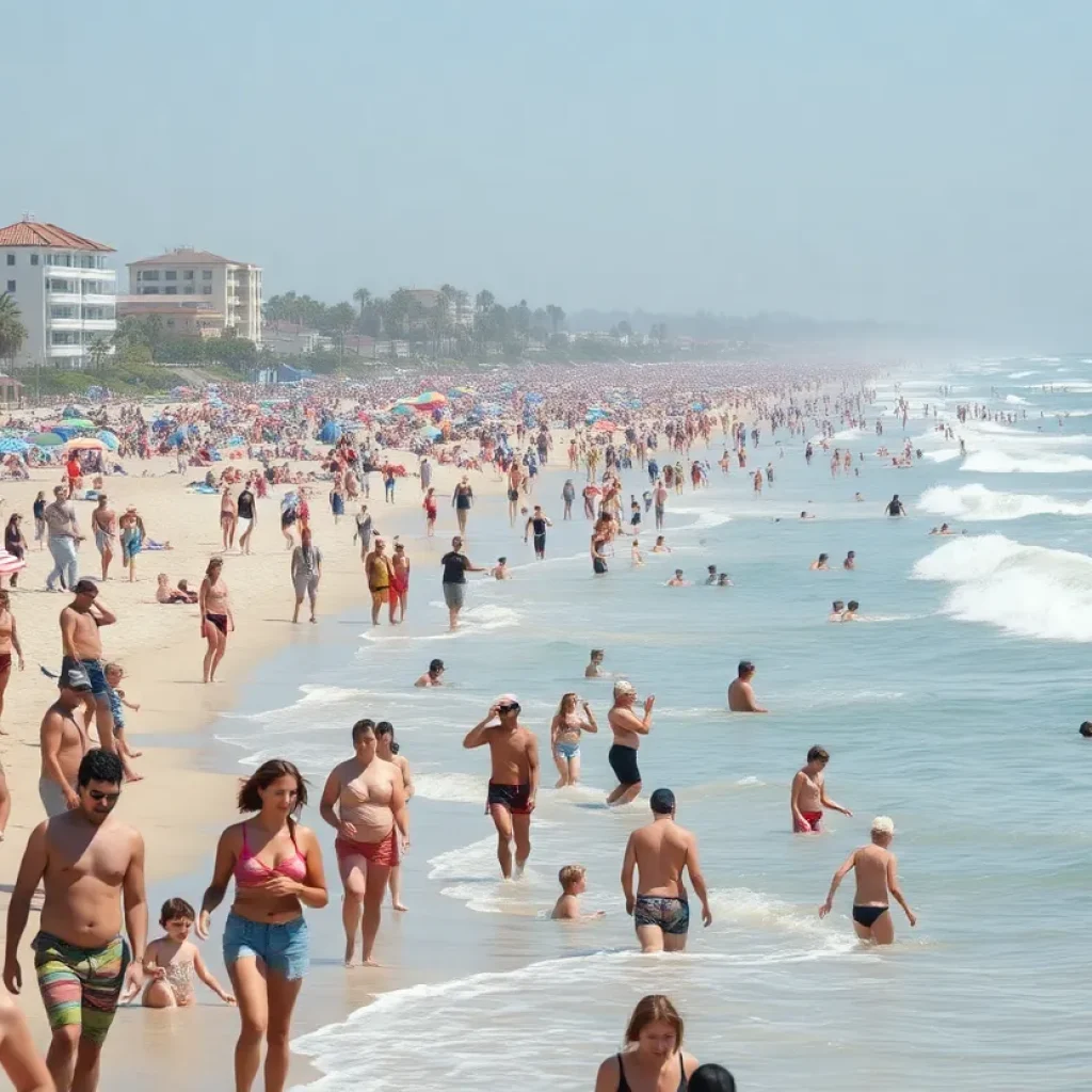 Crowded Southern California beach during a heat wave