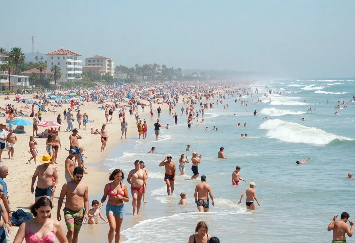 Crowded Southern California beach during a heat wave