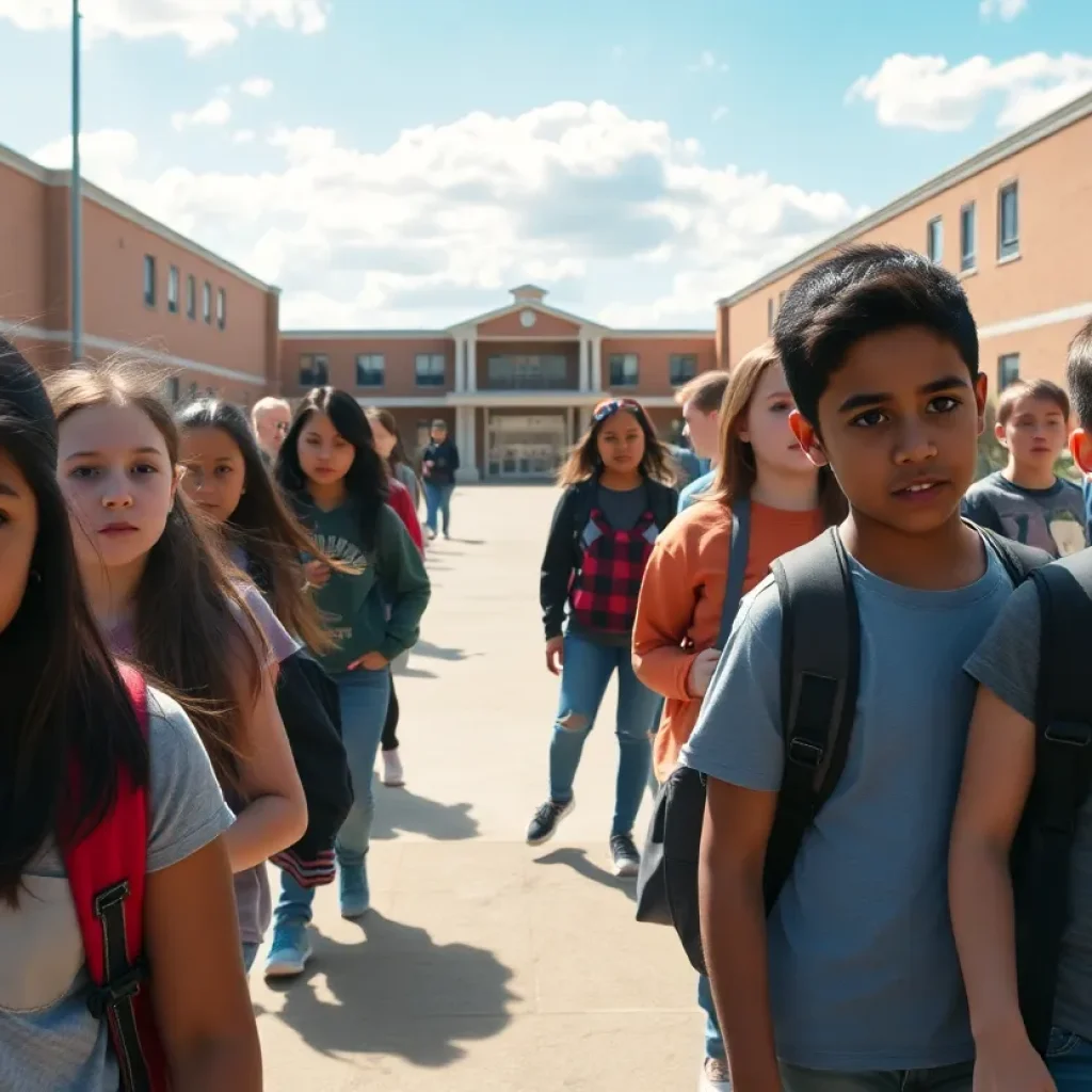 Students walking towards school with concerned expressions