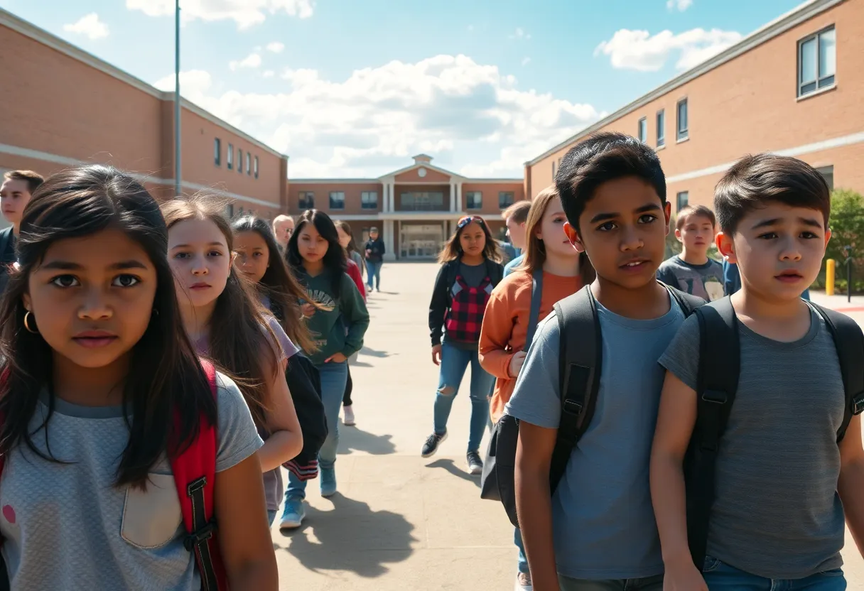 Students walking towards school with concerned expressions